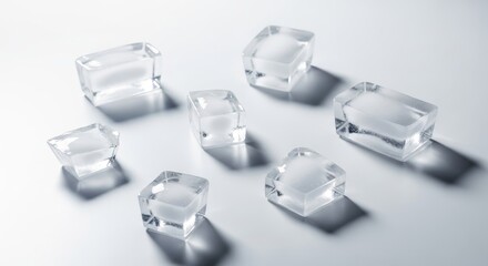 Clear ice cubes scattered on a white background, refreshing and cold