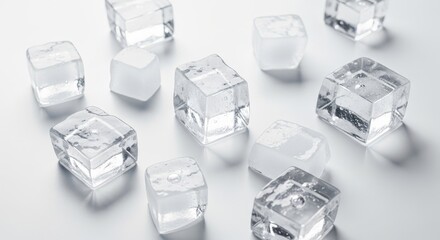 Clear ice cubes scattered on a white background, refreshing, cool, and clean