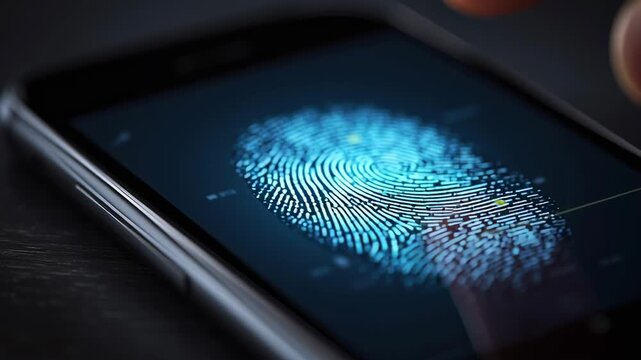 A finger is touching a phone screen with a fingerprint on it. Concept of security and trust, as the fingerprint is a unique identifier that can be used to verify a person's identity