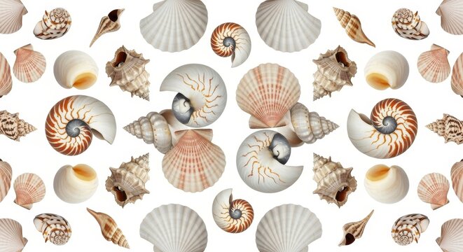 Seashells Pattern Background - Nautilus, Scallop, Cone Shells on White