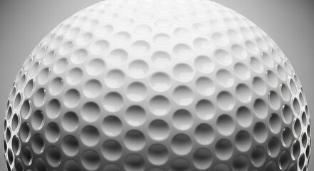 Close-up macro shot of a white golf ball with dimples, gray background, studio lighting