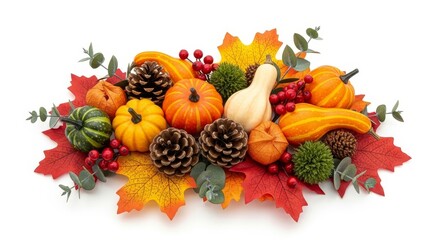 Autumn Harvest Display: Pumpkins, Gourds, Pinecones, and Fall Leaves