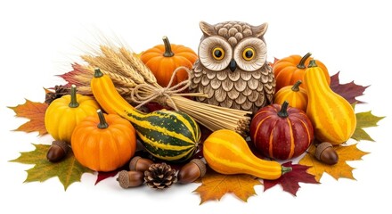 Autumn Harvest Owl Decoration with Pumpkins, Gourds, and Leaves