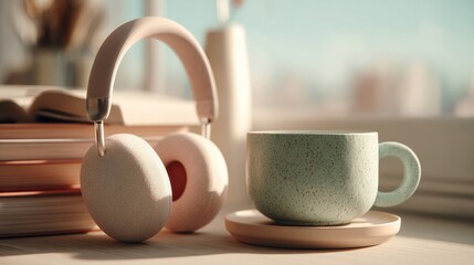 Headphones and ceramic coffee mug on wooden desk