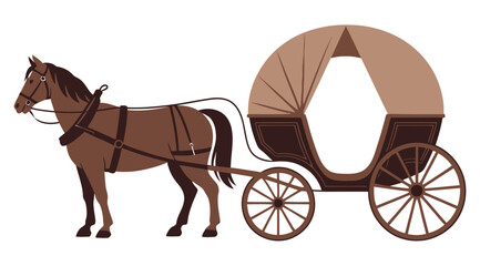 Brown horse pulls a classic covered carriage with large wooden wheels on a white background.