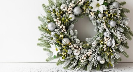 Frosted Christmas wreath with silver baubles, white poinsettias and berries on white background