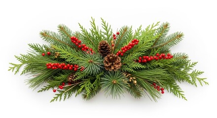 Christmas Evergreen Garland with Pine Cones and Red Berries on White Background