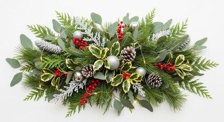 Elegant Christmas Centerpiece: Pine, Holly, Berries, Pinecones & Lights
