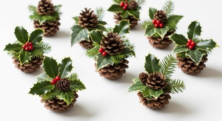 Rustic Christmas Pinecone Holly Decorations - Natural Festive Accents