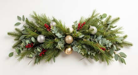 Festive Christmas Garland with Ornaments and Berries on White Background