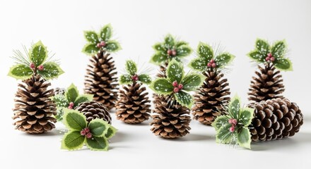 Christmas pine cones decorated with holly leaves and berries, festive holiday decor