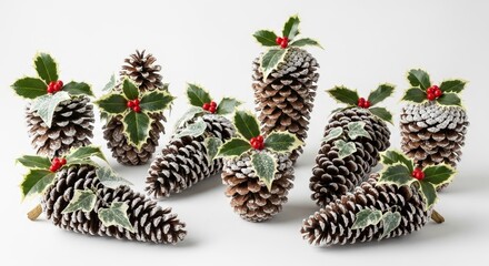 Grouped Pinecones Decorated with Holly and Snow for Christmas