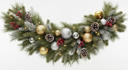 Festive Christmas Garland with Ornaments, Pinecones and Berries on White Background