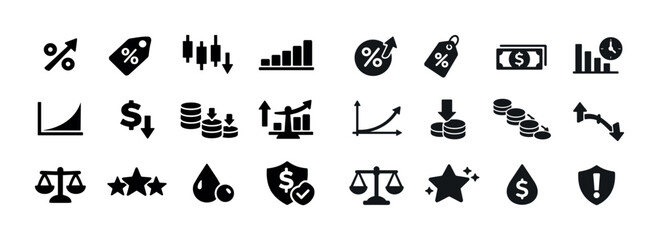 Naklejka premium Black financial icons set: charts, currency, and economic symbols