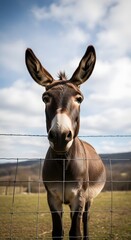 Curious brown donkey with long ears peeking through a fence, looking directly at the viewer in a sunny field under a bright, cloudy sky
