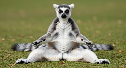 A striking ring-tailed lemur, an iconic primate native to Madagascar, is captured in a unique, relaxed pose, showcasing its distinctive striped tail and expressive eyes in a natural grassy environment