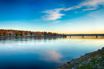 Bank of Kemijoki River in the city of Rovaniemi. Lapland, Finland. HDR.