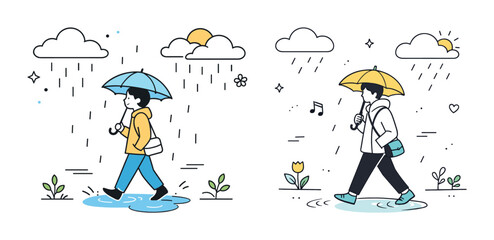 Cartoon characters with umbrellas in rainy and sunny weather