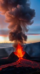 Dramatic volcanic eruption spews molten lava and ash into the twilight sky, creating a spectacular natural phenomenon