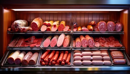 assorted sausages salami and cured meats neatly arranged in a deli display case at a butcher shop or grocery store