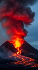 A powerful volcano erupts with glowing lava and thick smoke billowing into the dramatic twilight sky, showcasing nature's raw and destructive beauty