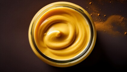 top view jar of creamy yellow sauce