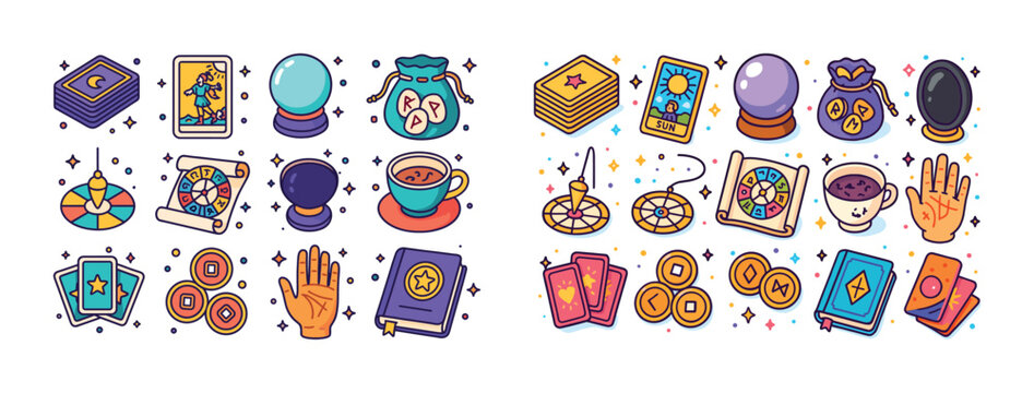Colorful tarot and divination tools with cards, crystals, and crystal balls