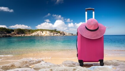 coastal adventure with vibrant pink suitcase