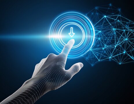 wireframe hand touching glowing click here button - Powered by Adobe