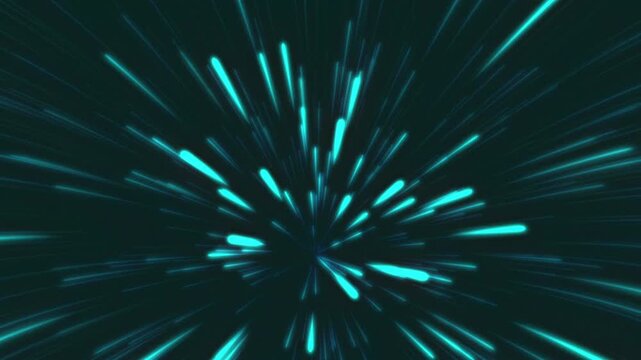 Futuristic hyperspace jump with blue glowing light streaks, warp speed travel in deep space.