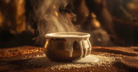 Cinematic photo of boiling a new pot of milk - Thai Pongal Celebration - high resolution background - Tamil harvest festival celebration