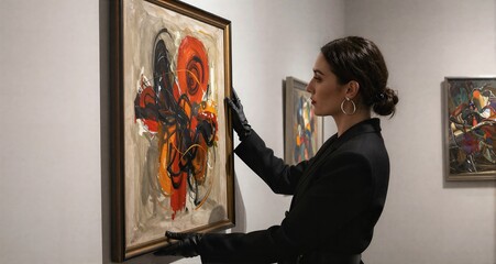 Woman curator adjusting abstract expressionist painting in gallery