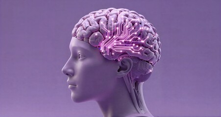 Human head with active circuit brain connecting artificial intelligence