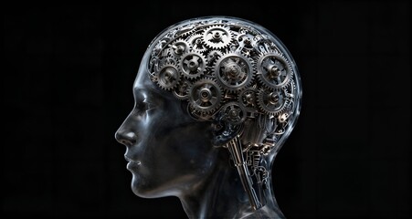 Humanoid android head displaying internal gears