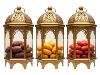 Lanterns of Abundance: Golden Filigree Vessels Glowing with Burgundy, Gold, and Crimson Dates