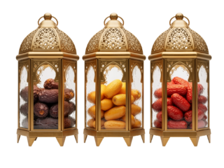 Lanterns of Abundance: Golden Filigree Vessels Glowing with Burgundy, Gold, and Crimson Dates