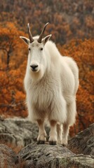 Fototapeta premium Magnificent White Mountain Goat Standing Proudly on Rocky Terrain Against a Vibrant Autumn Wilderness Backdrop