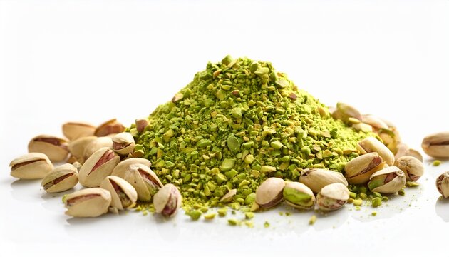 crushed pistachio nut pile on white