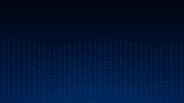 Blue plexus wave grid of connected particles undulating with a smooth flowing motion on a dark navy blue gradient background for technology and data visualization use