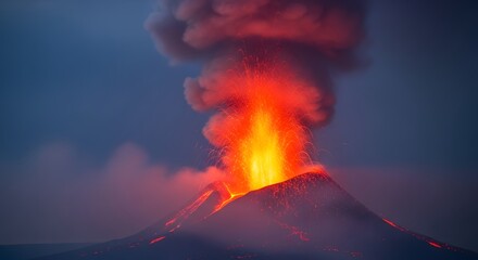 Fiery Eruption of a Volcanic Mountain at Dusk, Spewing Molten Lava and Ash into the Dramatic Twilight Sky
