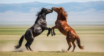 Two powerful horses in a dynamic pose on a dusty plain, captured in a moment of spirited interaction against a backdrop of rolling hills and a vast sky