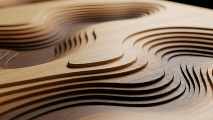 Close-up of a rustic wood relief carving featuring stylized wave patterns with flowing grain and a gradient stain. Perfect for interior design, artisanal crafts, natural backgrounds, home decor,