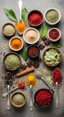 Vibrant and aromatic assortment of natural spices and herbs, perfectly arranged for culinary inspiration and enhancing diverse global food flavors