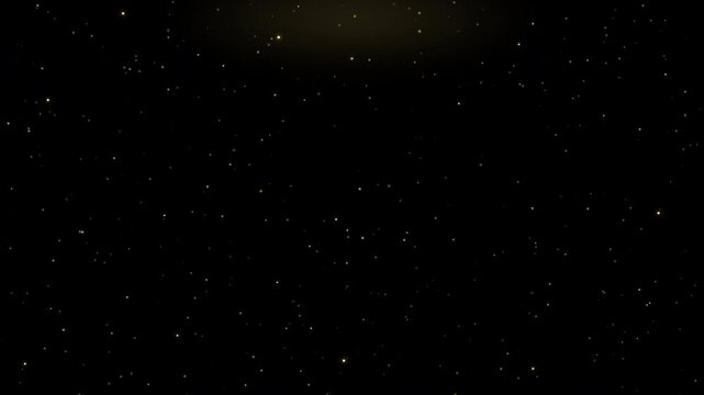 Golden dust particles falling slowly with sparkling traits and top-down composition featuring central soft light on isolated black background for luxury use