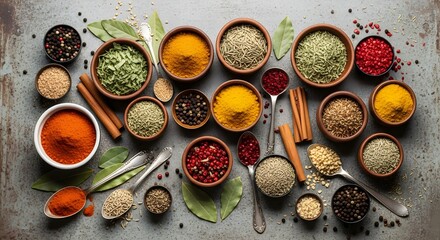 A vibrant overhead shot of various colorful spices and herbs arranged in small bowls and spoons, showcasing a rich variety of culinary ingredients and natural aromas