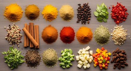 A vibrant assortment of aromatic spices and fresh herbs, meticulously arranged to highlight their natural beauty and culinary potential, enhancing dishes with rich flavors and aromas