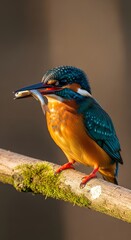 Common Kingfisher Perched on a Mossy Branch with a Fish in its Beak, Capturing a Moment of Avian Predation in its Natural Habitat