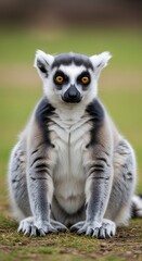 Close-up portrait of a ring-tailed lemur sitting on the ground with a soft blurred green background, showcasing its distinctive facial markings and large eyes