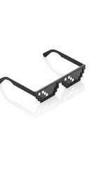 Stylized pixel art eyewear for modern digital aesthetics, depicting classic black shades with an edgy, retro 8-bit visual effect, perfect for contemporary design projects and internet culture themes