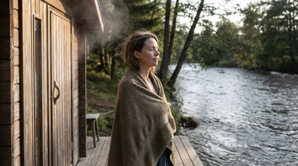 Women practice self-care near a sauna by the river during the golden hour in nature